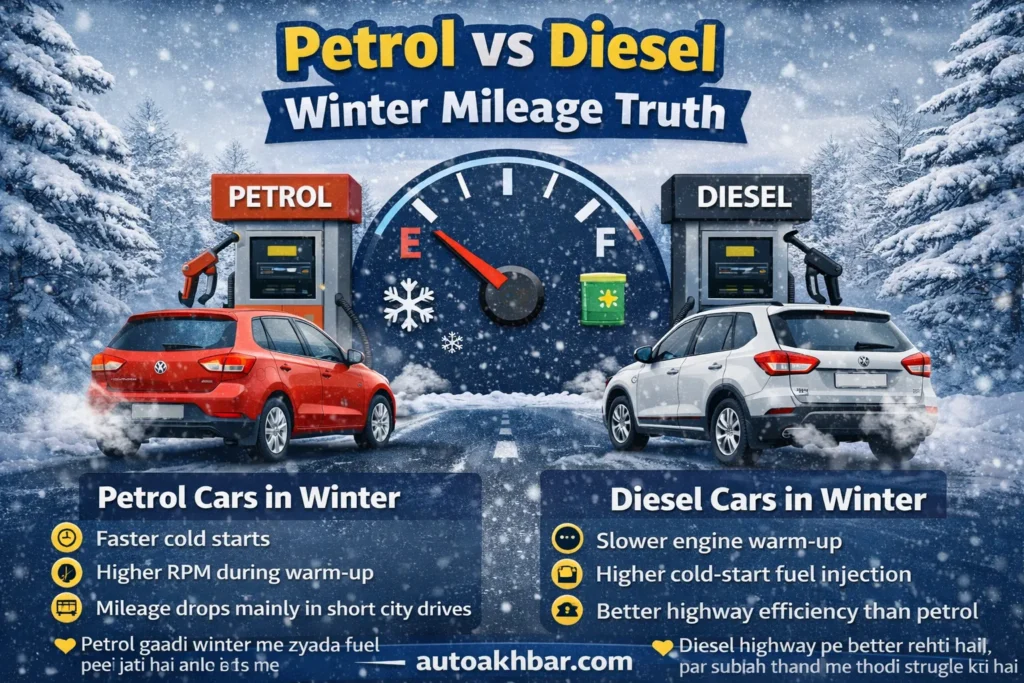 Petrol vs diesel cars winter mileage comparison showing fuel efficiency difference in cold weather