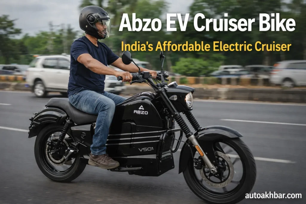 Abzo EV Cruiser Bike being ridden on an Indian road, India’s affordable electric cruiser motorcycle
