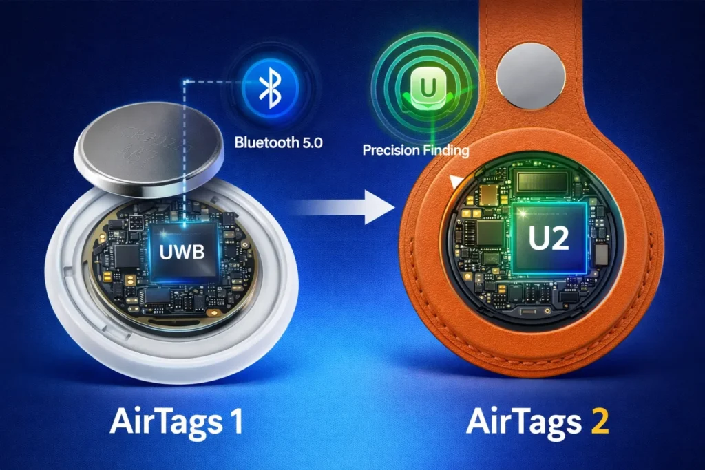 AirTags 2 internal upgrades showing UWB chip, improved Bluetooth and precision finding technology