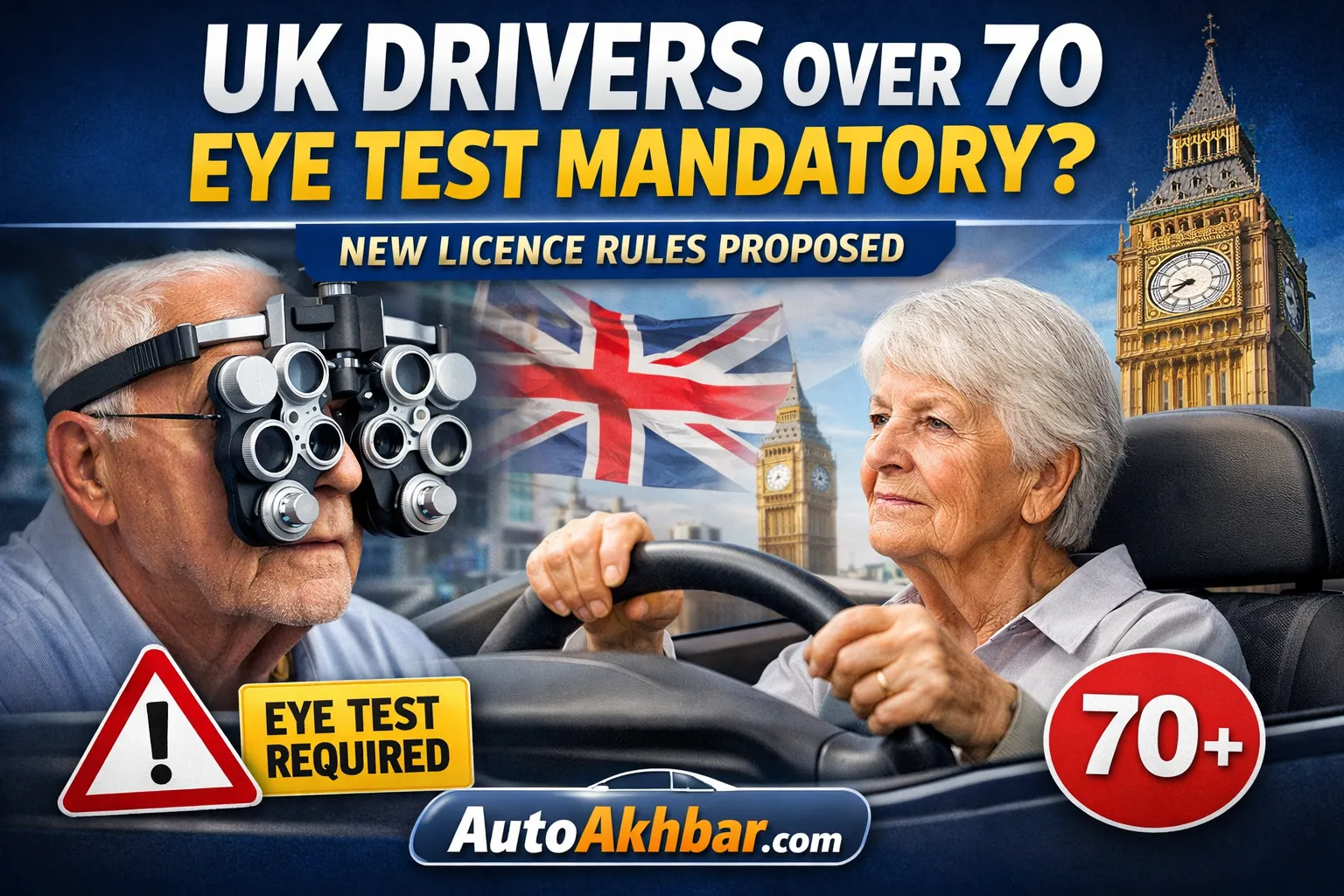 UK drivers over 70 eye test mandatory – elderly man undergoing eye exam and elderly woman driving, highlighting new licence rules in the UK | AutoAkhbar.com