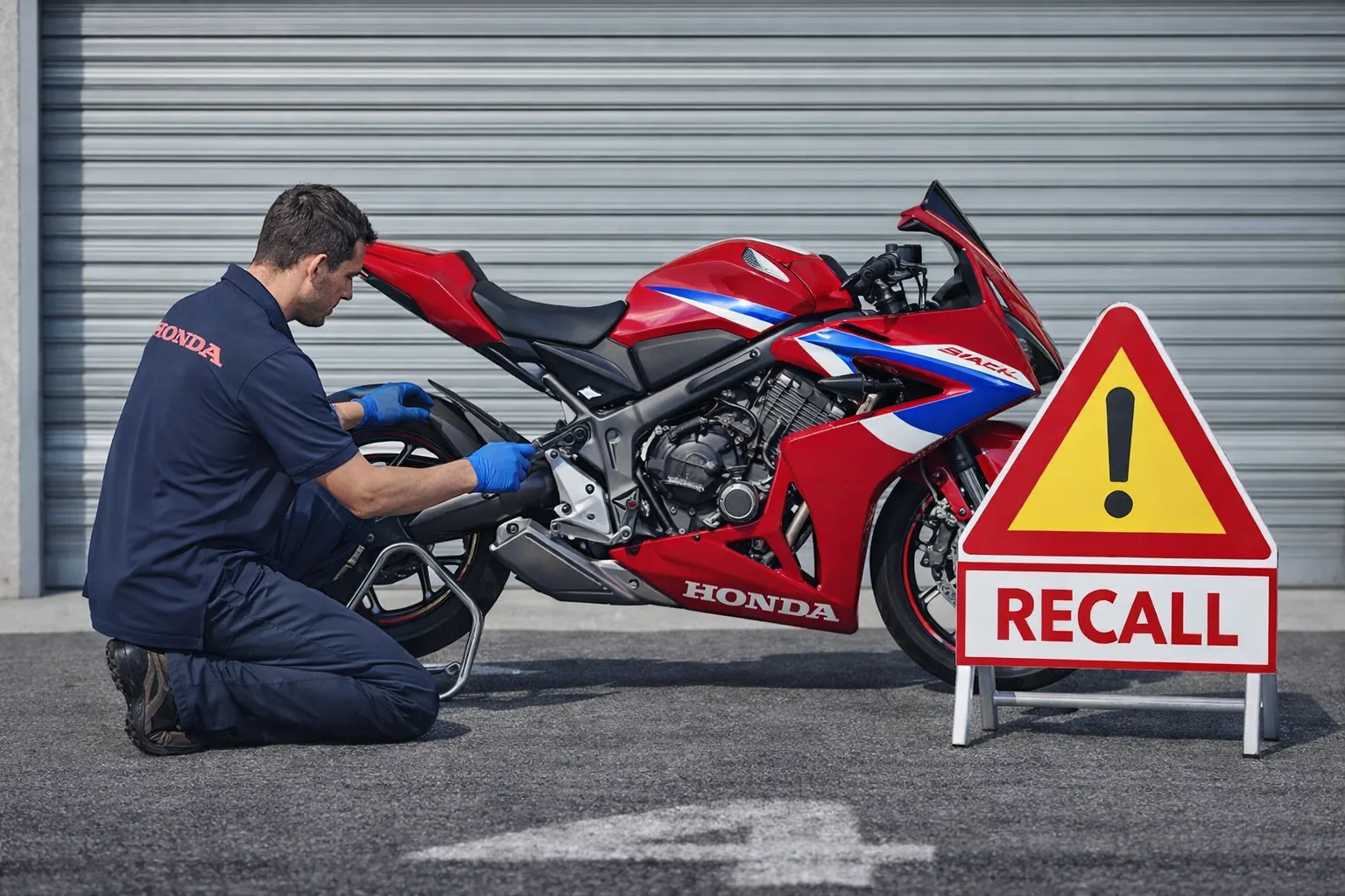 Honda CBR650R motorcycle recall in India with mechanic inspecting bike and recall alert sign