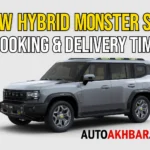 JSW Hybrid Monster SUV front view with booking and delivery time overlay – AutoAkhbar.com