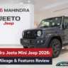 Mahindra Jeeto Mini Jeep 2026 showcased in a showroom highlighting its rugged design, budget-friendly appeal, and practical features.