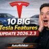10 Tesla Features Update 2026.2.3 showing Elon Musk shocked with Tesla logo and Tesla cars in background