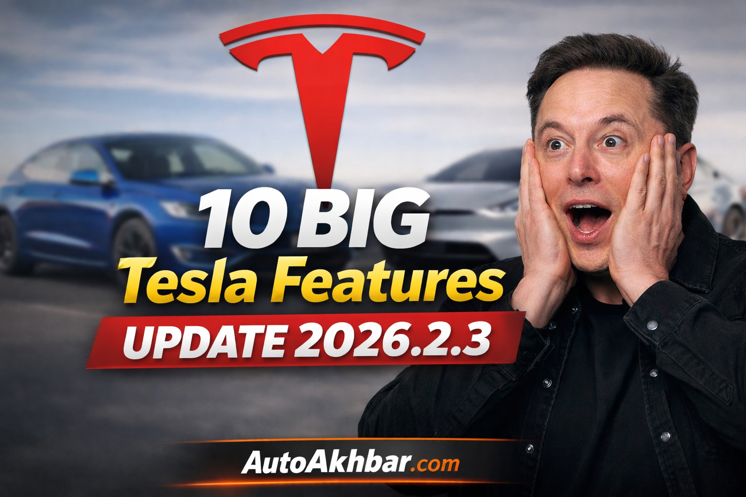 10 Tesla Features Update 2026.2.3 showing Elon Musk shocked with Tesla logo and Tesla cars in background