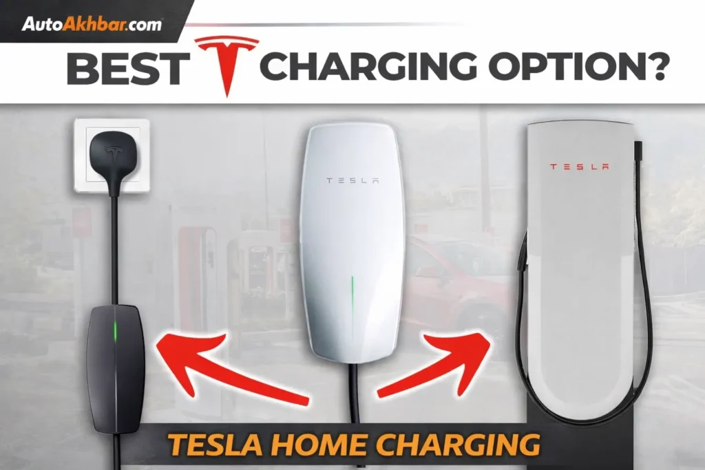 Tesla Home Charging installation in a modern garage showing Wall Connector setup