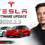 Tesla software update 2026.2.3 showing Model 3 and Model Y with Elon Musk and new features