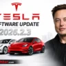 Tesla software update 2026.2.3 showing Model 3 and Model Y with Elon Musk and new features