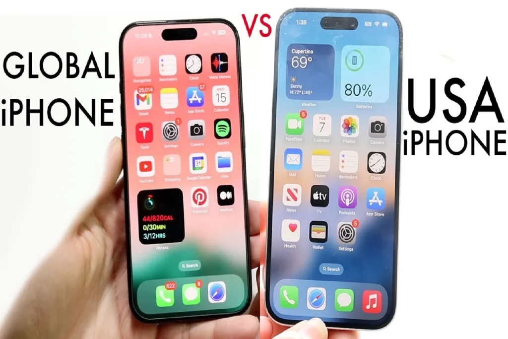Tech reviewer holding US vs EU iPhone with American and European flags showing feature differences