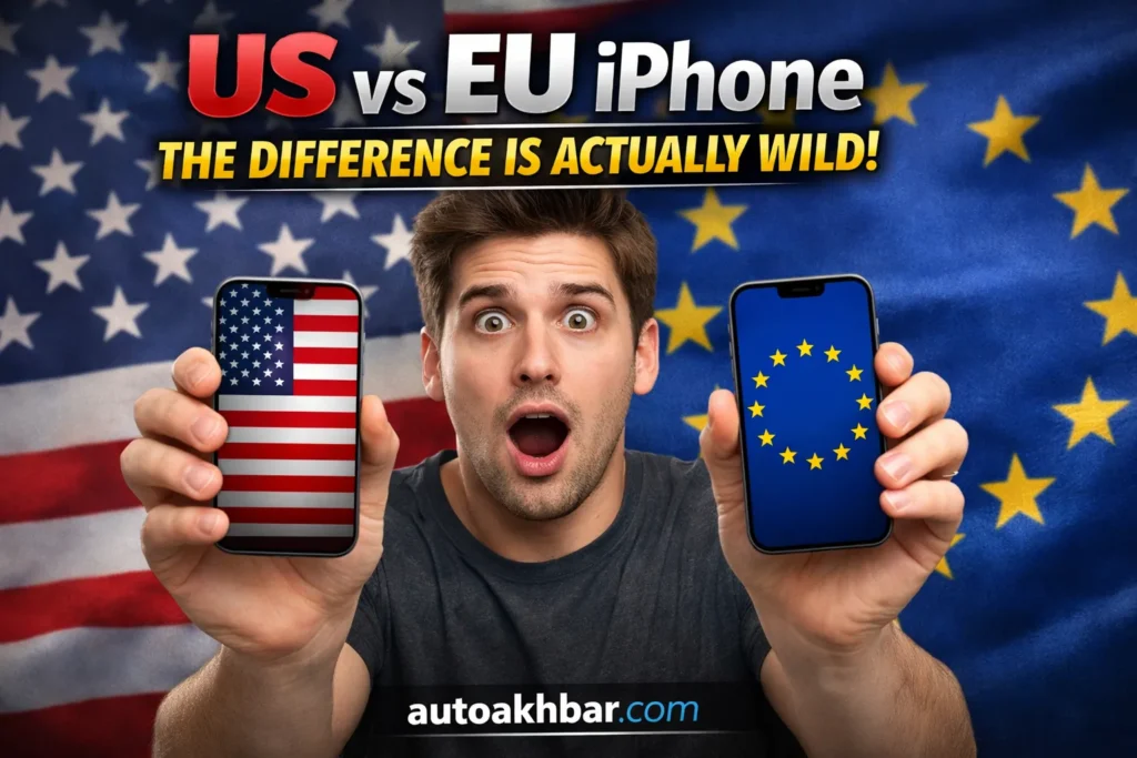 Tech reviewer holding US vs EU iPhone with American and European flags showing feature differences
