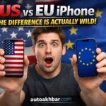 Tech reviewer holding US vs EU iPhone with American and European flags showing feature differences