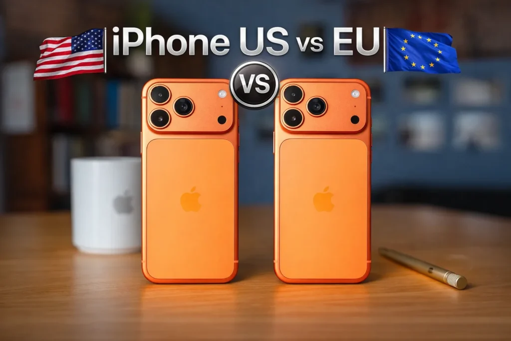 Tech reviewer holding US vs EU iPhone with American and European flags showing feature differences