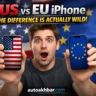 Tech reviewer holding US vs EU iPhone with American and European flags showing feature differences