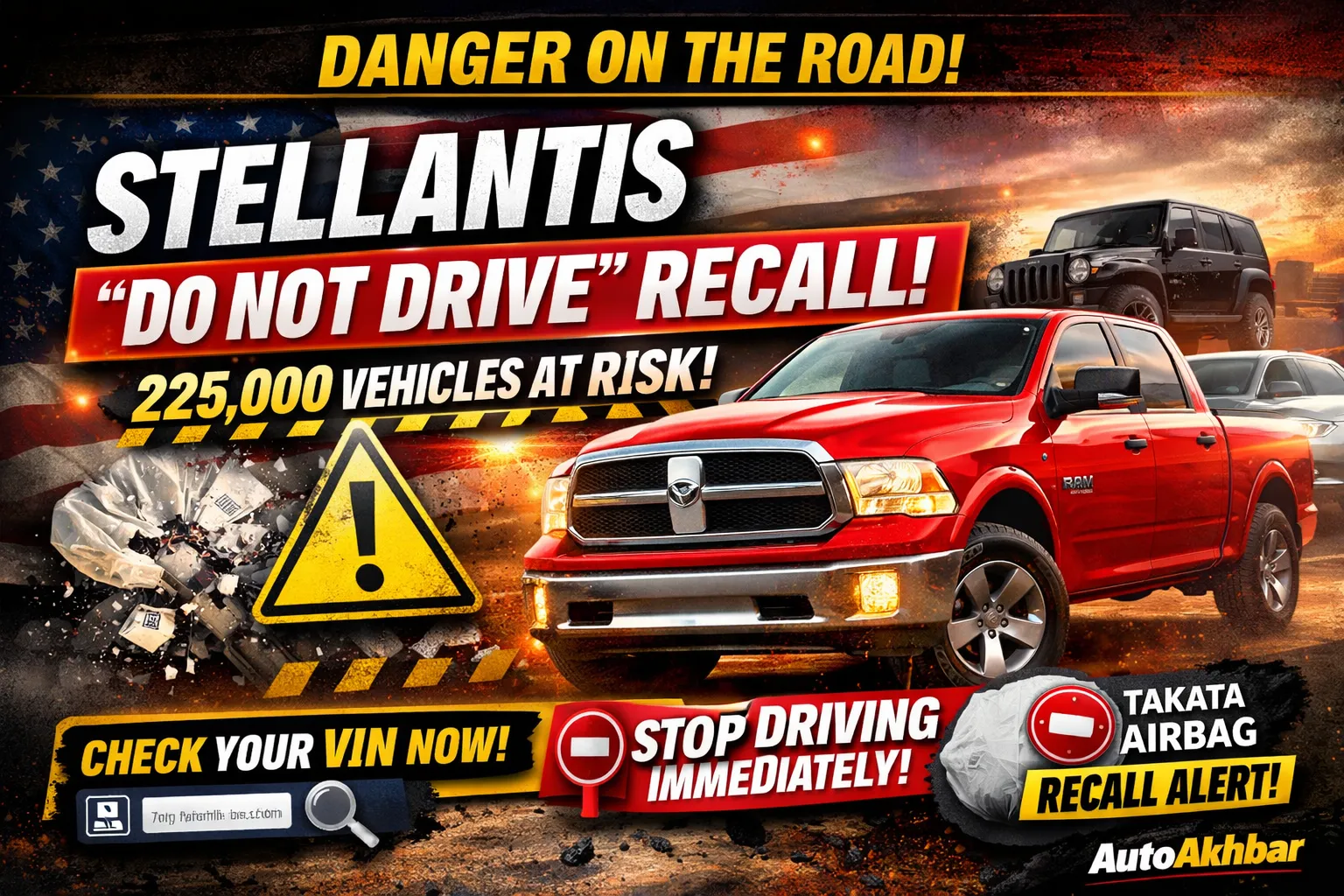 Stellantis Do Not Drive recall warning for 225,000 U.S. vehicles over defective Takata airbags