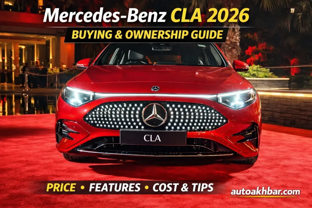 Mercedes-Benz CLA 2026 electric luxury sedan front design featured image with AutoAkhbar buying and ownership guide branding