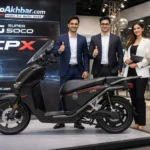 Super Soco CPX electric scooter launch event in India with professional team AutoAkhbar branding