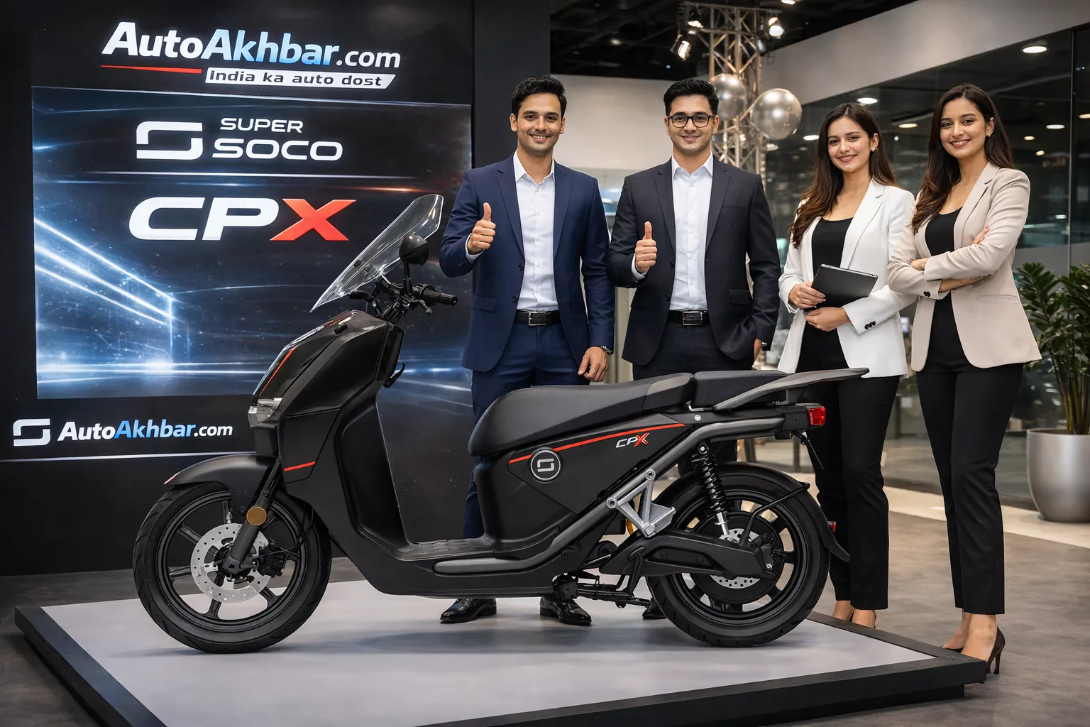 Super Soco CPX electric scooter launch event in India with professional team AutoAkhbar branding