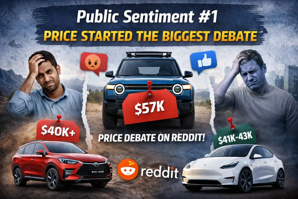 Online debate about Rivian R2 price compared with Tesla Model Y and BYD Tang in the EV market.