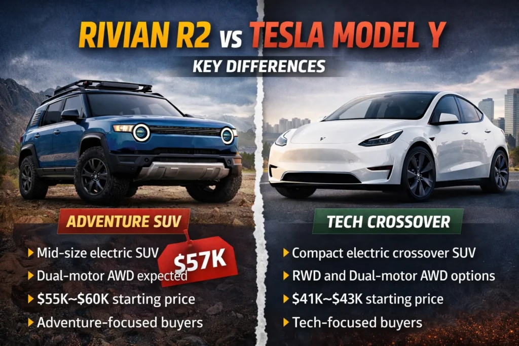 Side by side comparison of Rivian R2 and Tesla Model Y showing differences in price, design and target EV buyers.
