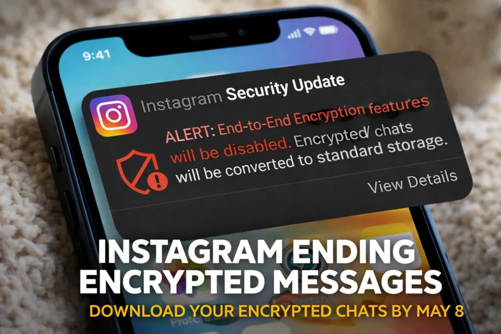 Instagram security update alert showing end to end encryption disabled notification on smartphone