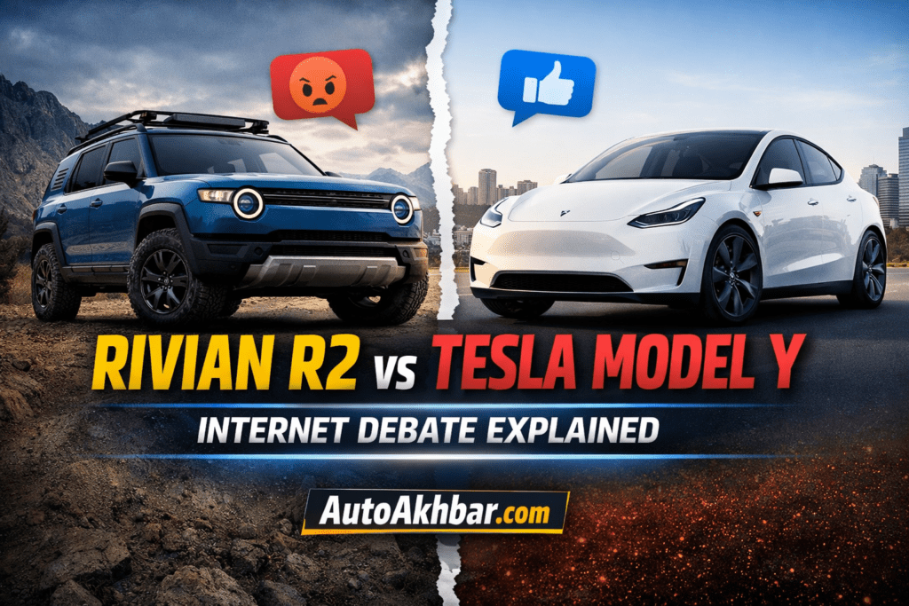 Comparison between Rivian R2 and Tesla Model Y highlighting the internet debate around price and EV features.