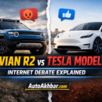 Comparison between Rivian R2 and Tesla Model Y highlighting the internet debate around price and EV features.