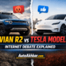 Comparison between Rivian R2 and Tesla Model Y highlighting the internet debate around price and EV features.
