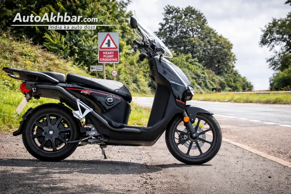 Super Soco CPX electric scooter side profile parked on road with AutoAkhbar branding