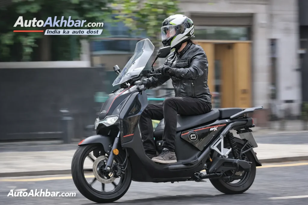 Super Soco CPX electric scooter riding on city road with rider performance test