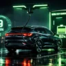 BYD Song Ultra EV ultra fast charging 9 minute feature at night with neon green charging station
