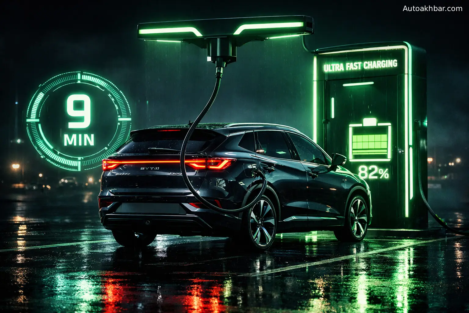 BYD Song Ultra EV ultra fast charging 9 minute feature at night with neon green charging station