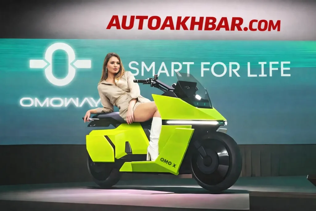 Omoway Omo X futuristic electric motorcycle in neon green with Autoakhbar branding