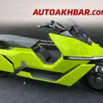 Omoway Omo X futuristic electric motorcycle in neon green with Autoakhbar branding