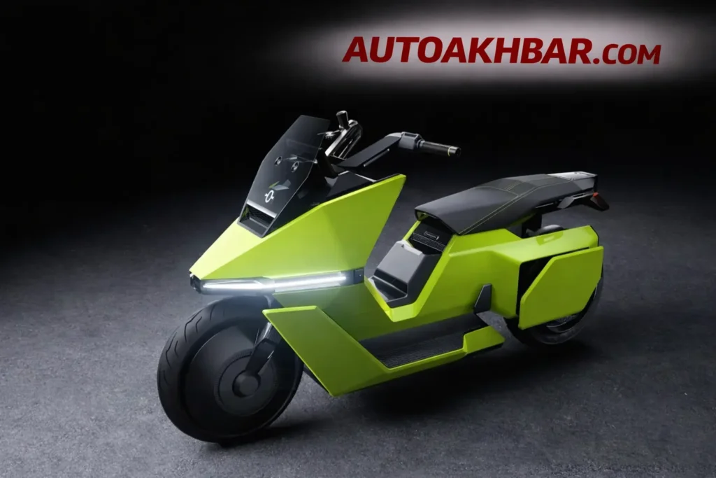 Omoway Omo X futuristic electric motorcycle in neon green with Autoakhbar branding
