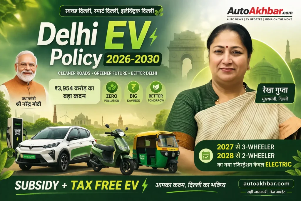 Delhi EV Policy 2026 featured image with Delhi CM Rekha Gupta and PM Narendra Modi highlighting EV subsidies and tax benefits