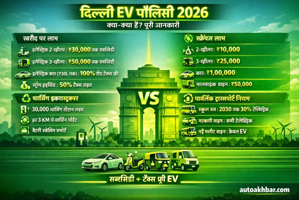 Delhi EV Policy 2026 full details infographic showing subsidies, scrappage benefits, charging infrastructure and rules