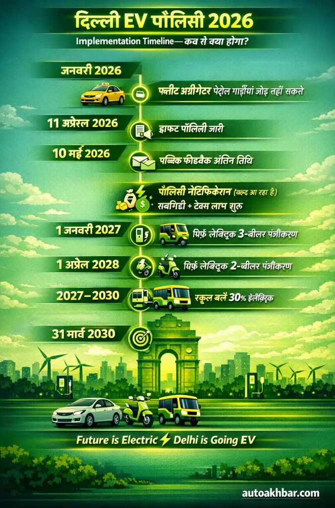 Delhi EV Policy 2026 timeline showing 2027 and 2028 EV registration deadlines and implementation stages