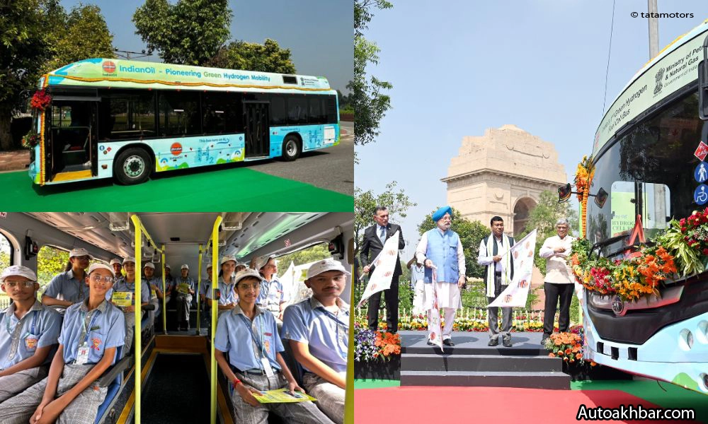 Tata hydrogen fuel cell bus exterior design and passenger interior seating layout India