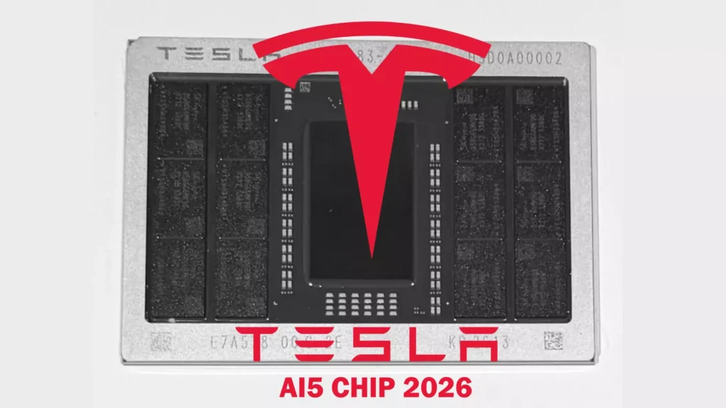 Tesla AI5 chip HW5 architecture close up showing next generation AI processing unit