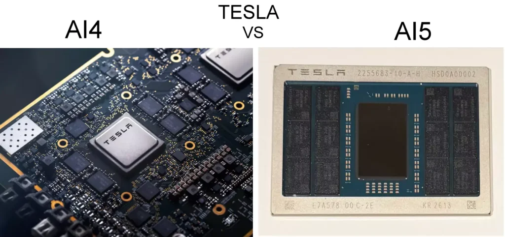 Tesla AI4 vs AI5 chip comparison showing performance and architecture differences
