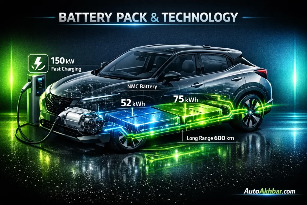 Nissan Juke EV battery pack 52 kWh 75 kWh fast charging 150 kW range 600 km