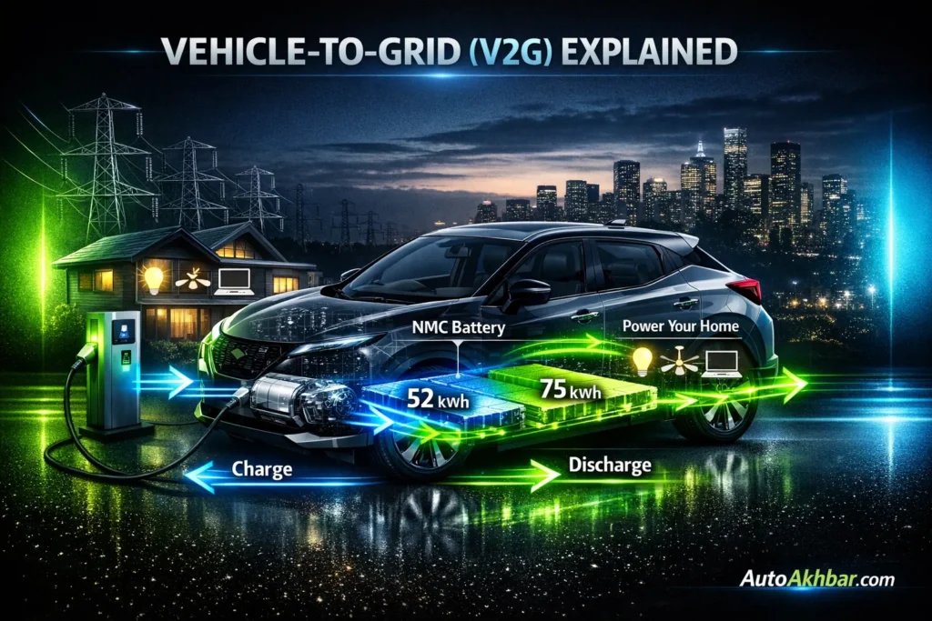 Vehicle to Grid V2G technology electric car powering home and grid energy flow