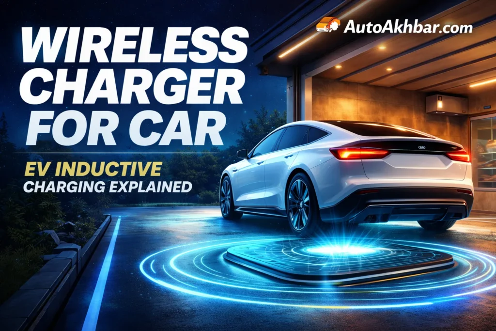 wireless charger for EV car showing electric vehicle charging on inductive pad in modern garage