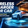 wireless charger for EV car showing electric vehicle charging on inductive pad in modern garage