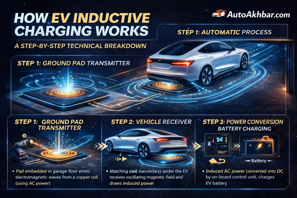 how wireless EV charging works step by step showing ground pad transmitter and vehicle receiver
