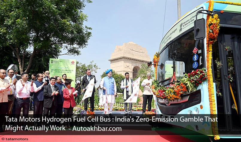 Tata Motors hydrogen fuel cell bus flag-off ceremony with Indian Oil in Delhi near India Gate