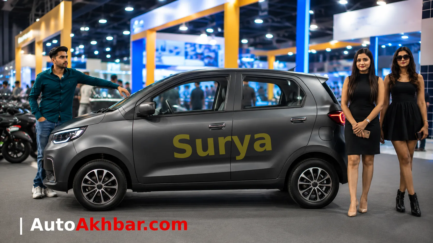 Surya EV compact electric car side profile display at auto expo, matte grey color with Surya branding