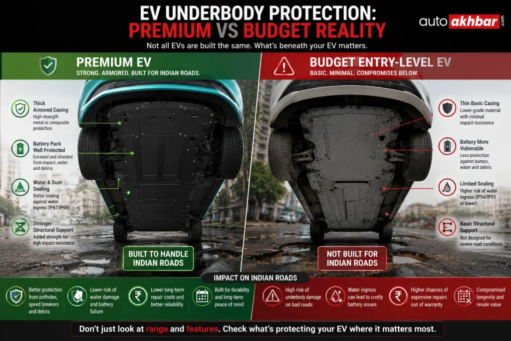 Premium EVs come with reinforced underbody protection. Entry-level EVs? Basic casing that India's roads can easily compromise.