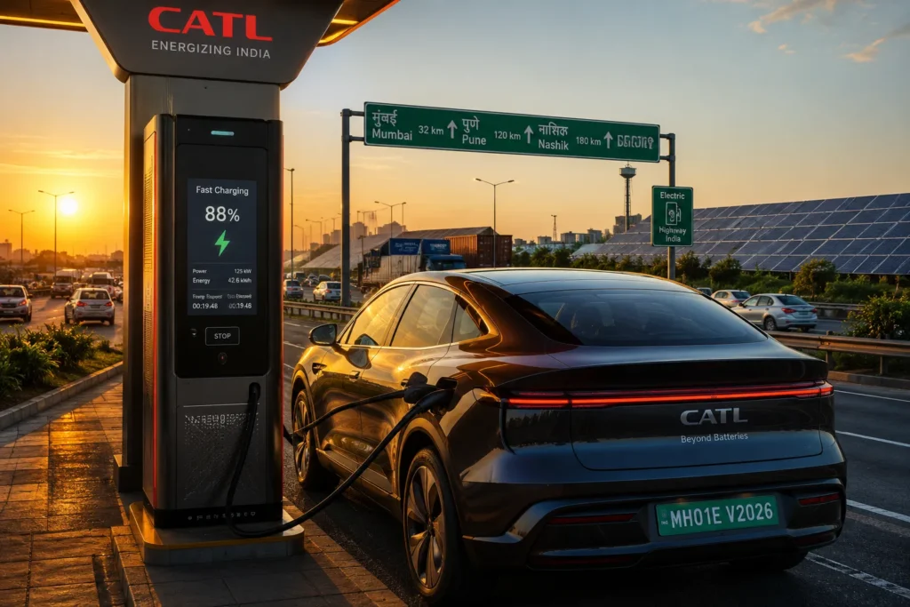Electric vehicle charging in India representing the future of Indian EV market with advanced battery technology