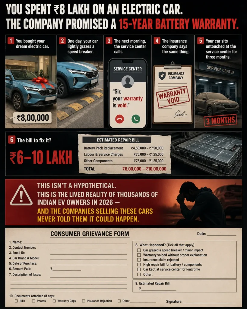 Infographic showing an Indian EV owner’s worst-case scenario: a ₹8 lakh electric car with a promised 15-year battery warranty suffers a minor speed breaker impact, resulting in a voided warranty, rejected insurance claim, three months in a service center, and an estimated repair bill of ₹6–10 lakh.